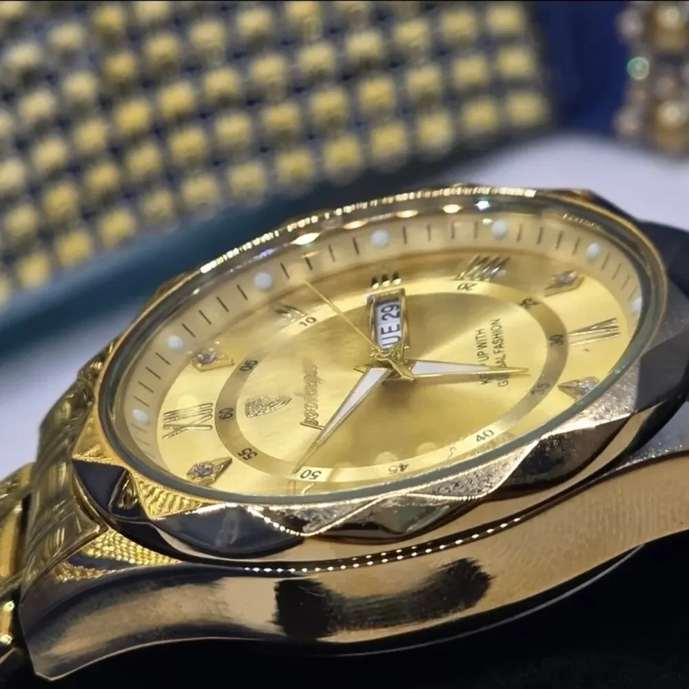 Men's Gold Face and Gold Band Poedagar Quartz Watch with Stainless Steel Band